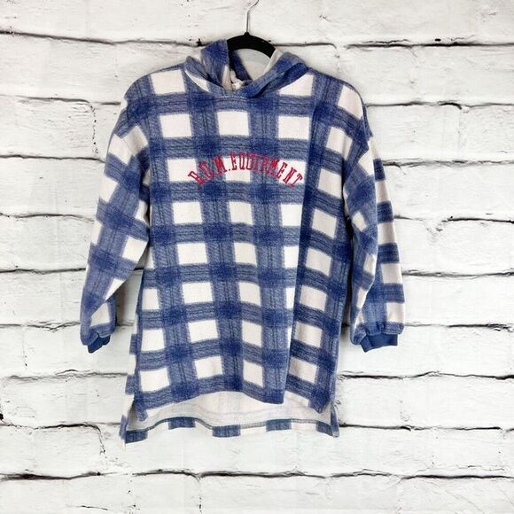 Vintage B.U.M Equipment Plaid Hoodie Blue Unisex Size L 90s Grunge Style - Picture 2 of 6